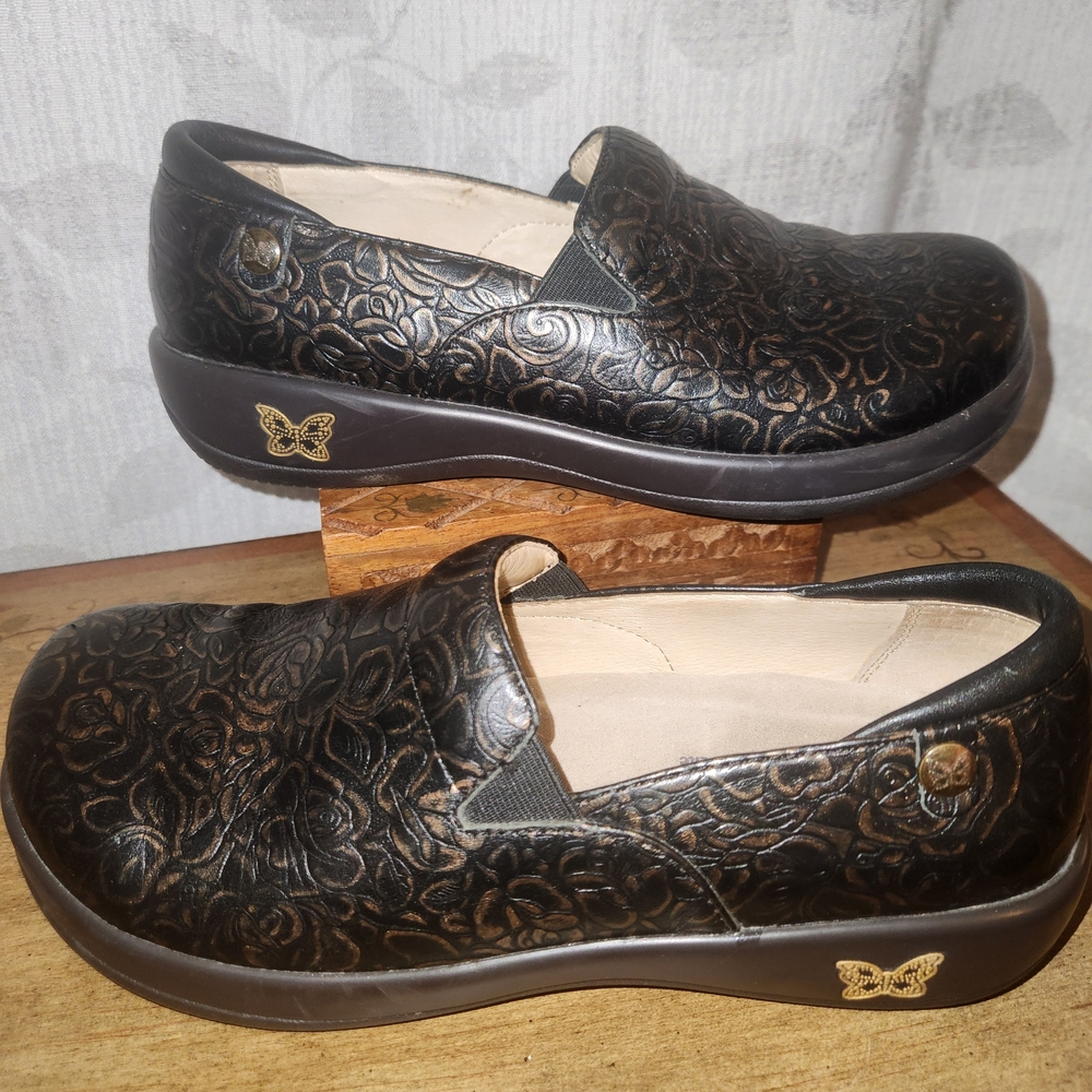 Alegria Black and Gold Floral Mules